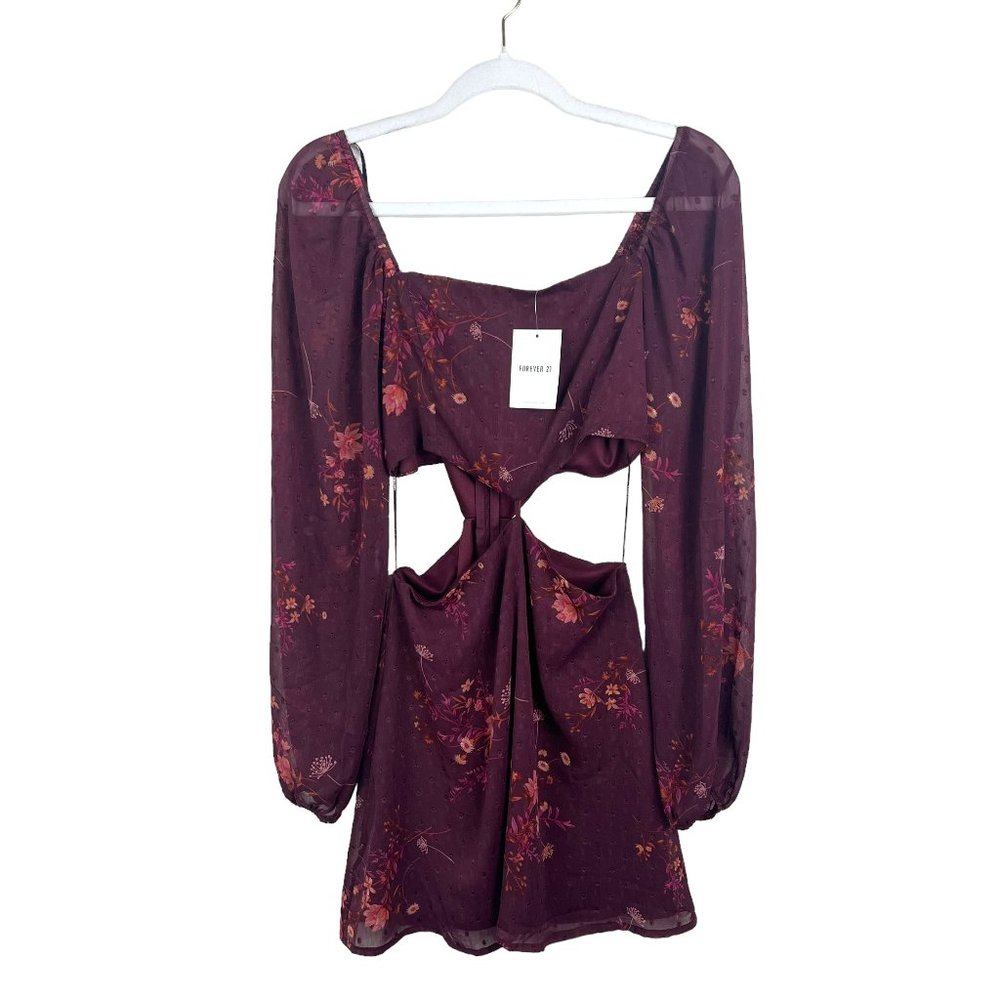 NWT FOREVER 21 Womens M Purple Floral Dress Cutout Sheer Long Sleeves Back Zip